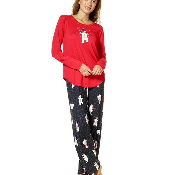 HUE Women’s Timeless Soft Jersey Winter 3 Piece PJ Red Bear